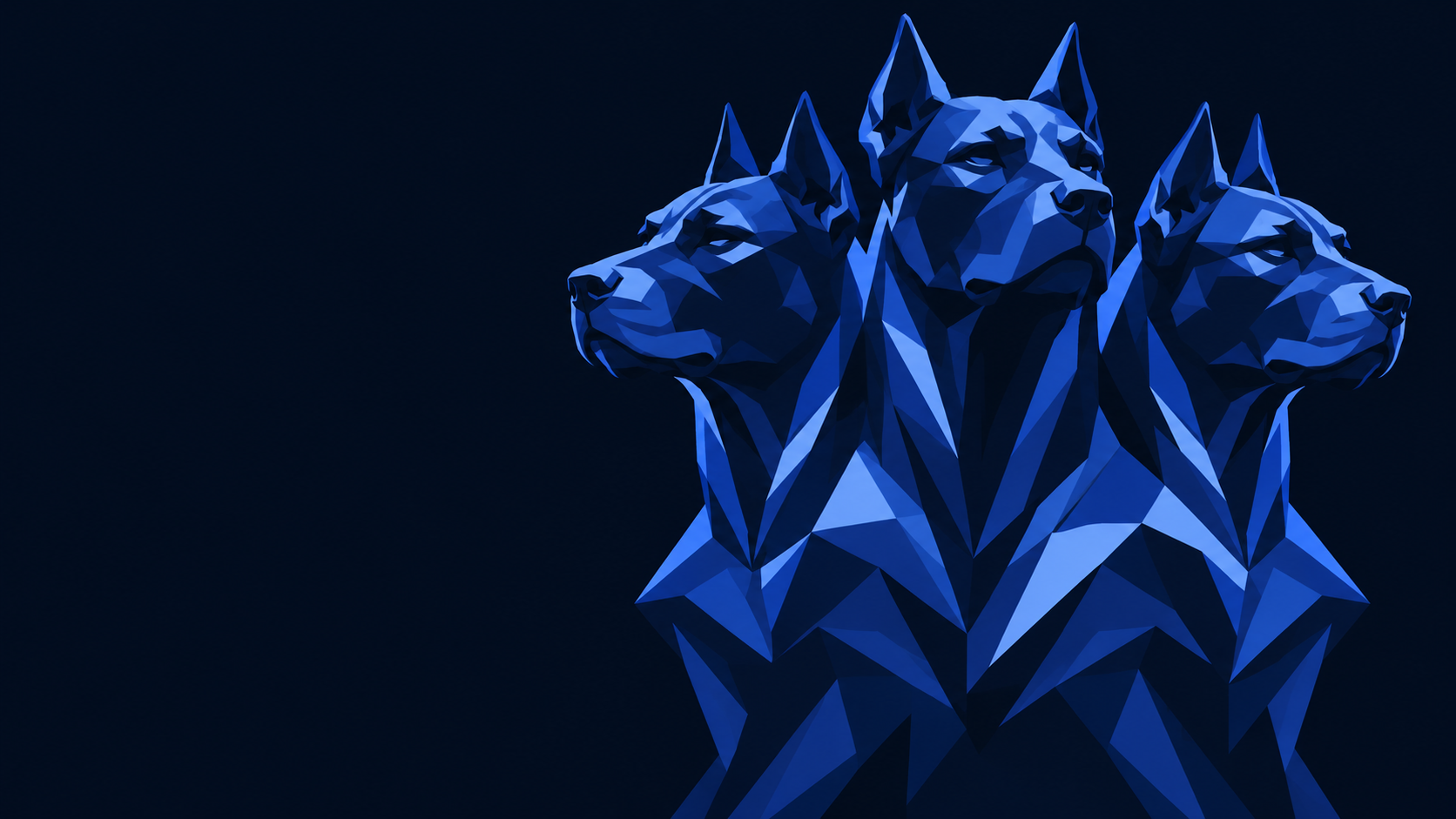 Geometric blue illustration of Cerberus, a calm three-headed guardian